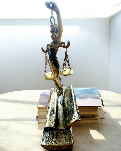 Statuette "Justicia 2" - Göttin der Gerechtigkeit – Künstlerische Dekoration für das Regal, Kunsthandwerk aus Harz, Personalisierung mit Gravur
