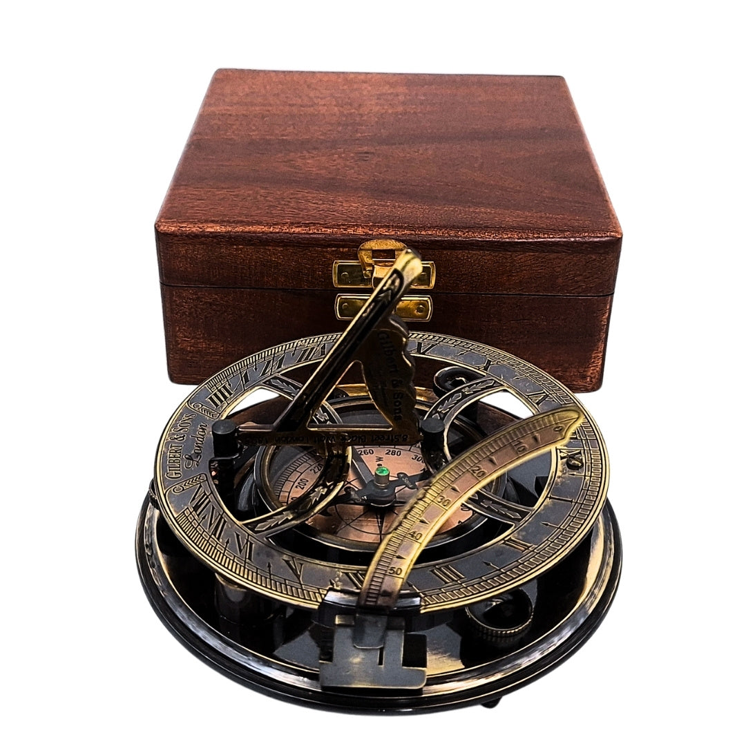 Brass Compass Sundial in a Wooden Box with Engraving Option