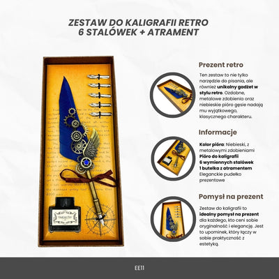 Retro-Kalligrafie-Set mit blauer Gänsefeder, Vintage, 6 Federspitzen, Tinte, Geschenk – EE11