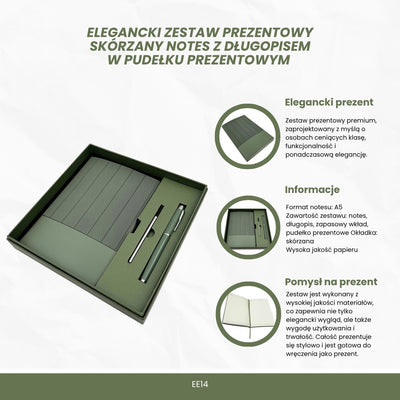 Elegantes Geschenkset - Ledernotizbuch A5 mit Kugelschreiber in Geschenkbox - Olivgrün - EE14