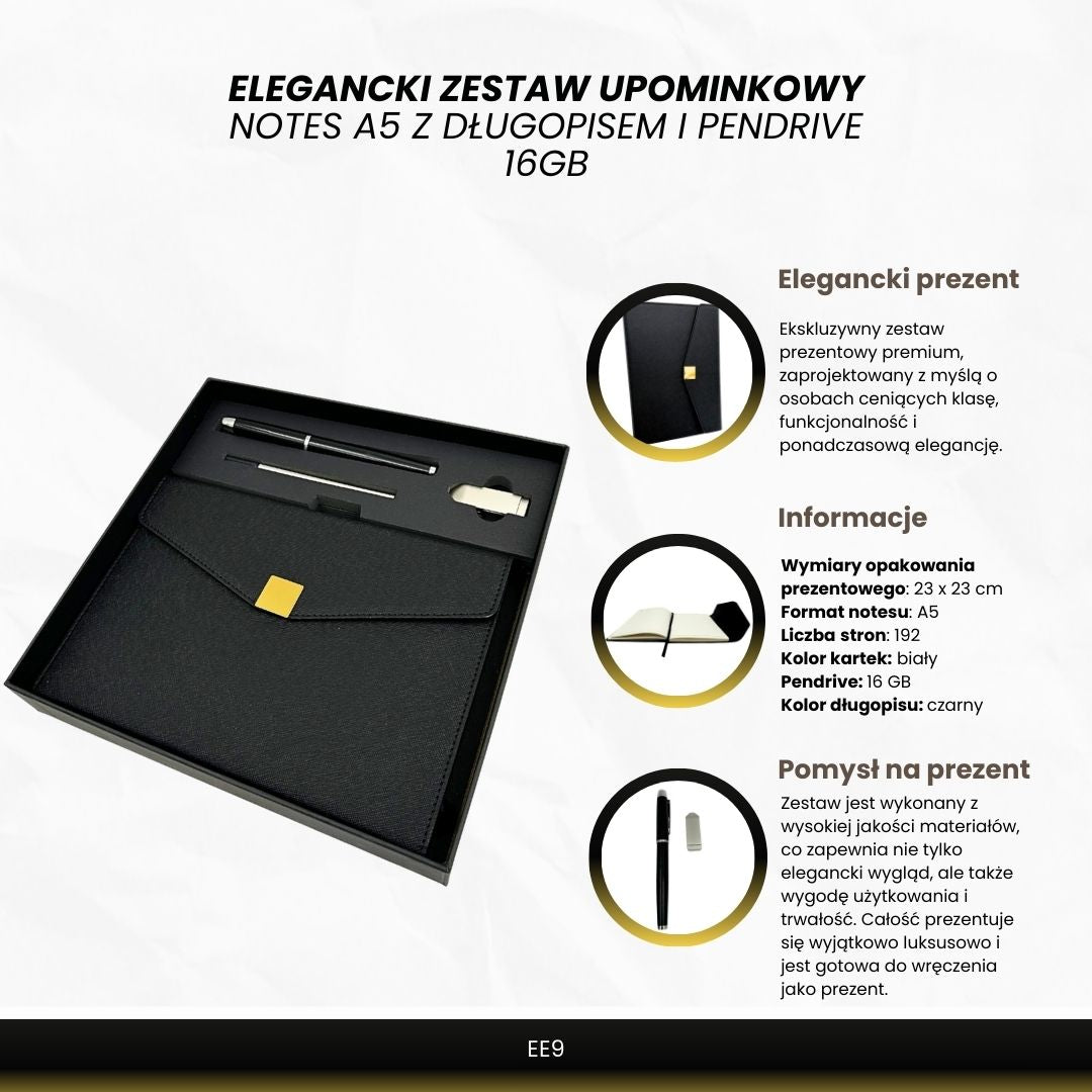 Elegantes Premium-Geschenkset – A5-Notizbuch mit Kugelschreiber und 16GB-USB-Stick in Box – Schwarz-Gold – EE9