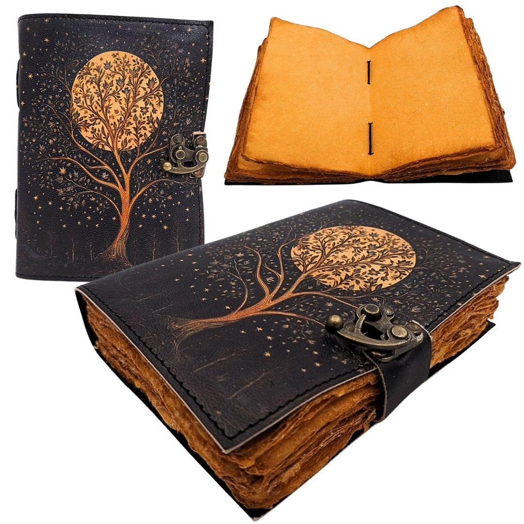 Carnet en cuir vintage rétro Arbre et Lune 200 pages – AH08