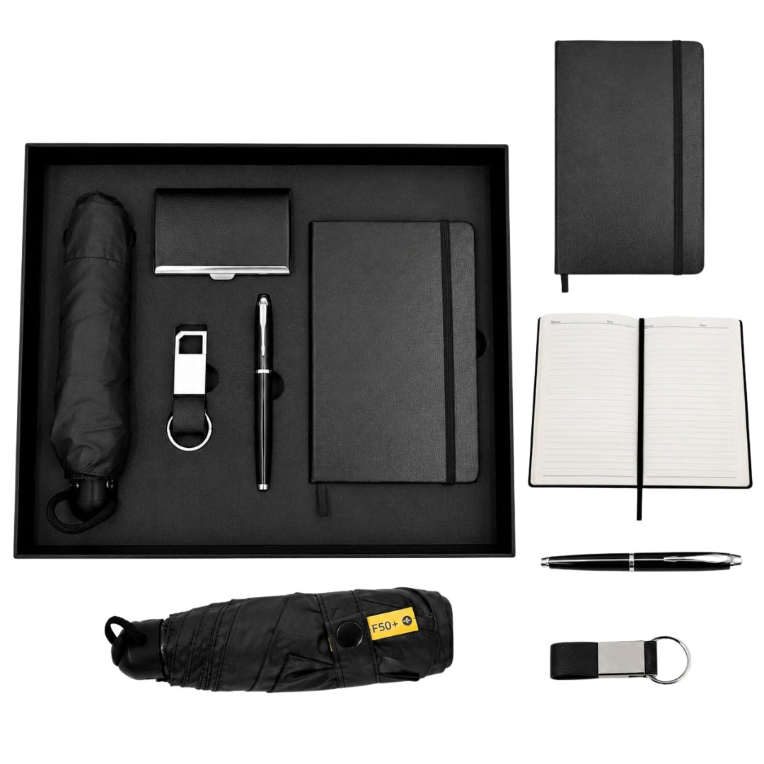 Elegantes Premium-Business-Geschenkset - Ledernotizbuch Regenschirm Visitenkartenetui Kugelschreiber Schlüsselanhänger - EE15