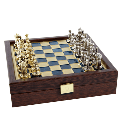 Échiquier élégant haut de gamme en laiton 20x20cm, style byzantin, avec gravure personnalisée - Cadeau idéal pour un joueur d’échecs et un passionné d’histoire - Pièces fabriquées à la main avec finition dorée et argentée