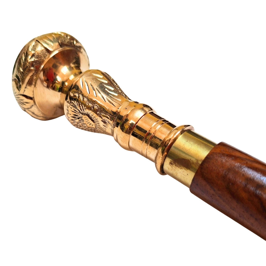 Elegante bastone pieghevole da passeggio con manico in ottone - bastone in legno marrone con possibilità di incisione - regalo ideale per anziani con stile retrò - lunghezza massima 96 cm