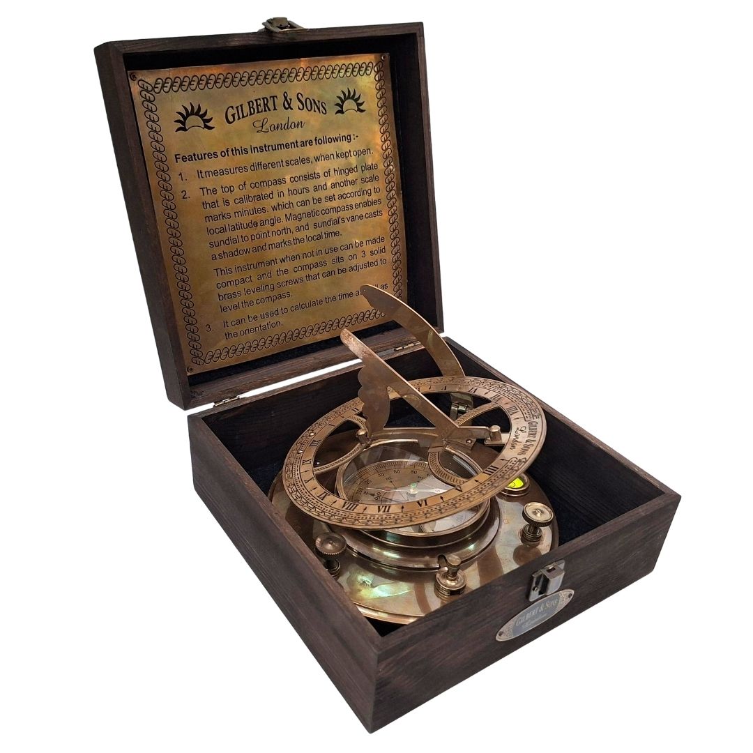 20 cm Brass Compass with Sundial in a Wooden Box with Personalized Engraving Option