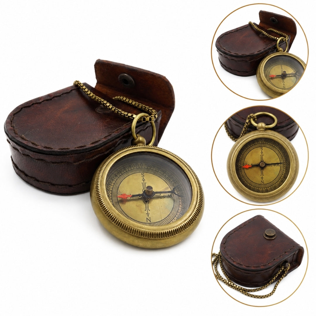 Stylish Brass Compass with Chain in Leather Case - COM-0470A