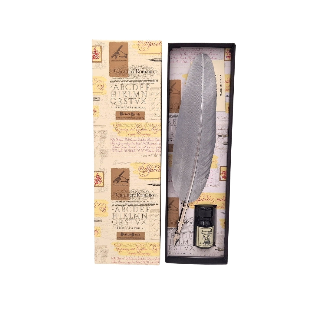 Kalligrafie-Set - silberne Gänsefeder mit Federhalter + Tinte – 7262/A