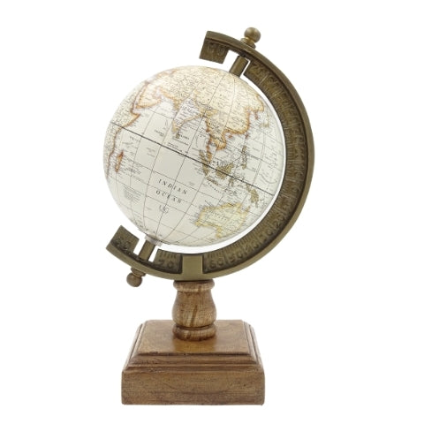 Globe décoratif stylé Amundsen sur socle en bois avec gravure - Décoration élégante pour intérieurs classiques, lofts et style colonial, idéal comme cadeau - Hauteur 26,5 cm, couleur blanc-brun, touche éducative en anglais