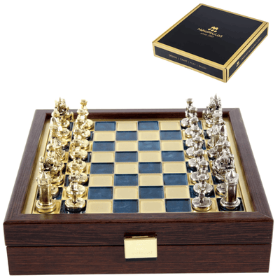 Échiquier élégant haut de gamme en laiton 20x20cm, style byzantin, avec gravure personnalisée - Cadeau idéal pour un joueur d’échecs et un passionné d’histoire - Pièces fabriquées à la main avec finition dorée et argentée