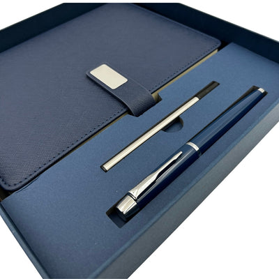 Elegantes Geschenkset marineblaues Ledernotizbuch A5 mit Kugelschreiber in Geschenkbox - EE13