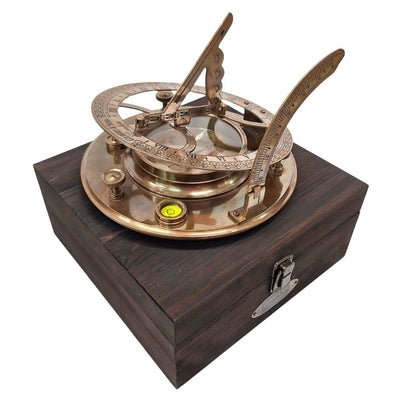 20 cm Brass Compass with Sundial in a Wooden Box with Personalized Engraving Option