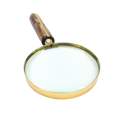 Loupe MFM avec monture en laiton et manche en os, grossissement 3.5x, personnalisable par gravure, idéale comme cadeau pour un collectionneur, coloris or et blanc/crème, dimensions 10 x 23 x 1.9 cm