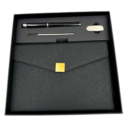 Elegantes Premium-Geschenkset – A5-Notizbuch mit Kugelschreiber und 16GB-USB-Stick in Box – Schwarz-Gold – EE9