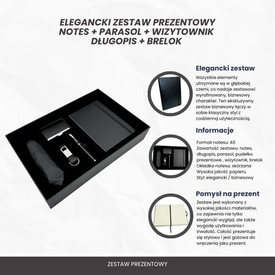 Elegantes Premium-Business-Geschenkset - Ledernotizbuch Regenschirm Visitenkartenetui Kugelschreiber Schlüsselanhänger - EE15