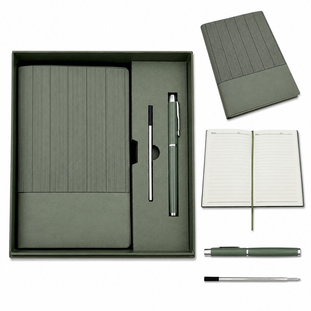 Elegantes Geschenkset - Ledernotizbuch A5 mit Kugelschreiber in Geschenkbox - Olivgrün - EE14