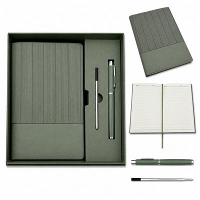 Elegantes Geschenkset - Ledernotizbuch A5 mit Kugelschreiber in Geschenkbox - Olivgrün - EE14