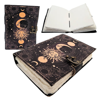 Dekoratives Leder-Notizbuch Sonne und Mond, 200 Seiten - AH07