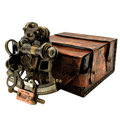 Sextant en laiton rétro dans étui en cuir - instrument de navigation élégant avec possibilité de gravure - cadeau idéal pour amateurs de voile et d’histoire - dimensions 13x12x7 cm
