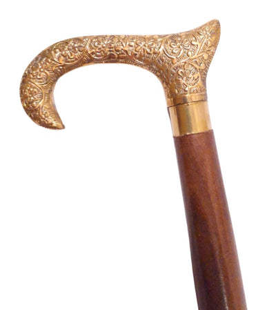 Wooden Walking Cane with Golden Handle - Foldable - Elegant Gift with Personalized Engraving Option - 91.5 cm, Brown with Brass Grip