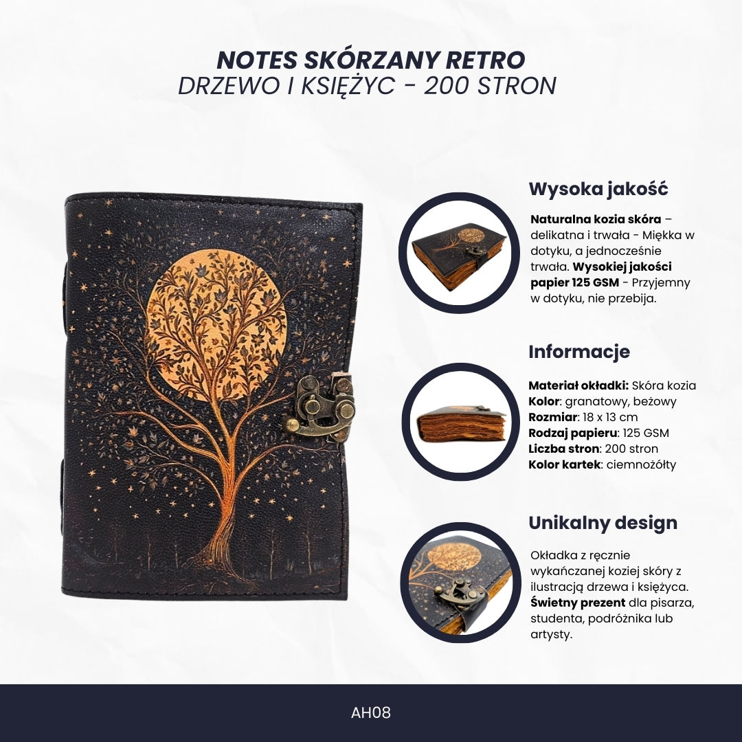 Carnet en cuir vintage rétro Arbre et Lune 200 pages – AH08