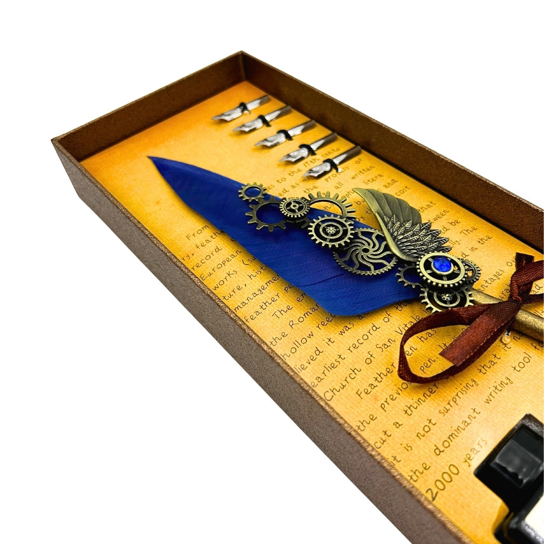 Retro-Kalligrafie-Set mit blauer Gänsefeder, Vintage, 6 Federspitzen, Tinte, Geschenk – EE11