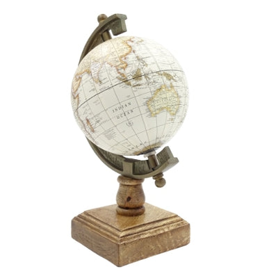 Globe décoratif stylé Amundsen sur socle en bois avec gravure - Décoration élégante pour intérieurs classiques, lofts et style colonial, idéal comme cadeau - Hauteur 26,5 cm, couleur blanc-brun, touche éducative en anglais