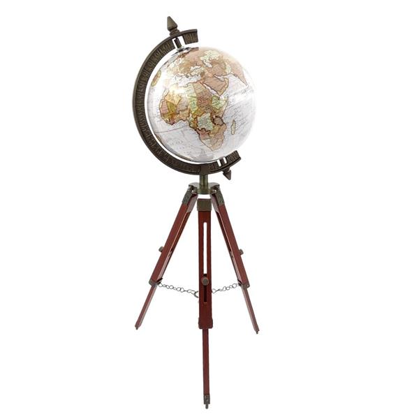 Eleganter Kolonialglobus auf hölzernem Dreibein NC2140 mit verstellbarer Höhe bis 78 cm, laminierter Karte in Weiß- und Brauntönen, ideal als Geschenk mit Möglichkeit zur Personalisierung durch Gravur