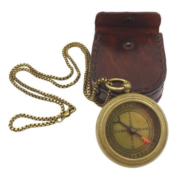 Stylish Brass Compass with Chain in Leather Case - COM-0470A