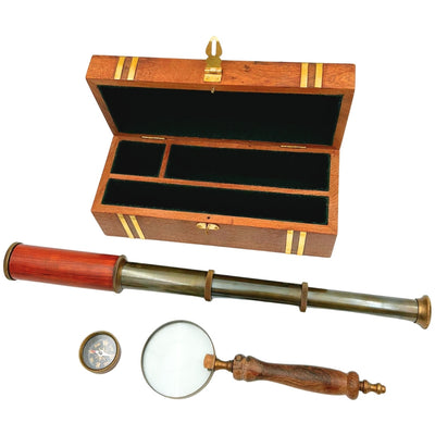 Coffret cadeau rétro exclusif – Longue-vue, boussole et loupe - NC102369