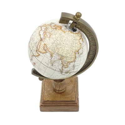 Globe décoratif stylé Amundsen sur socle en bois avec gravure - Décoration élégante pour intérieurs classiques, lofts et style colonial, idéal comme cadeau - Hauteur 26,5 cm, couleur blanc-brun, touche éducative en anglais