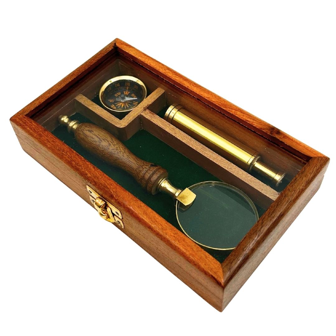 Ensemble du voyageur – Longue-vue + boussole + loupe dans une boîte en bois – NC2677AZ