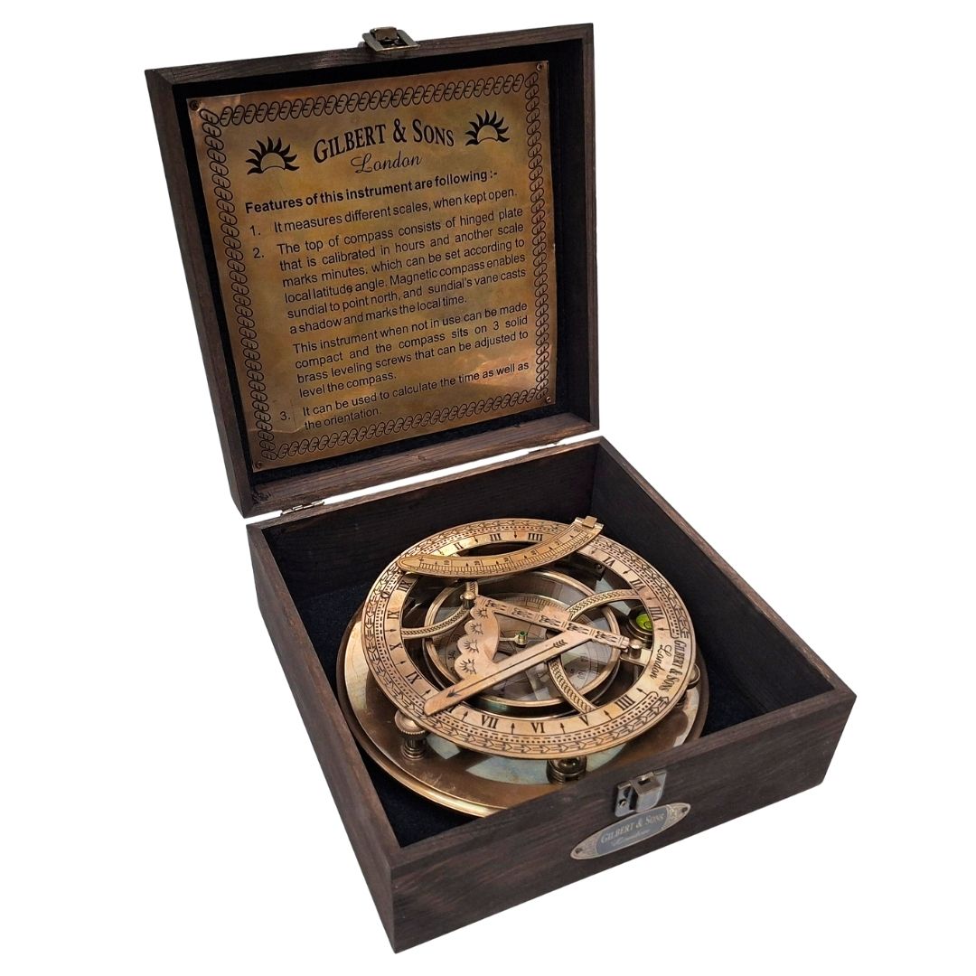 20 cm Brass Compass with Sundial in a Wooden Box with Personalized Engraving Option