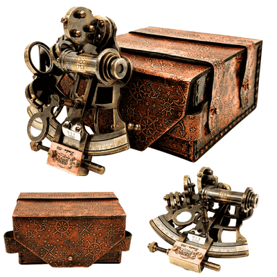 Sextant en laiton rétro dans étui en cuir - instrument de navigation élégant avec possibilité de gravure - cadeau idéal pour amateurs de voile et d’histoire - dimensions 13x12x7 cm