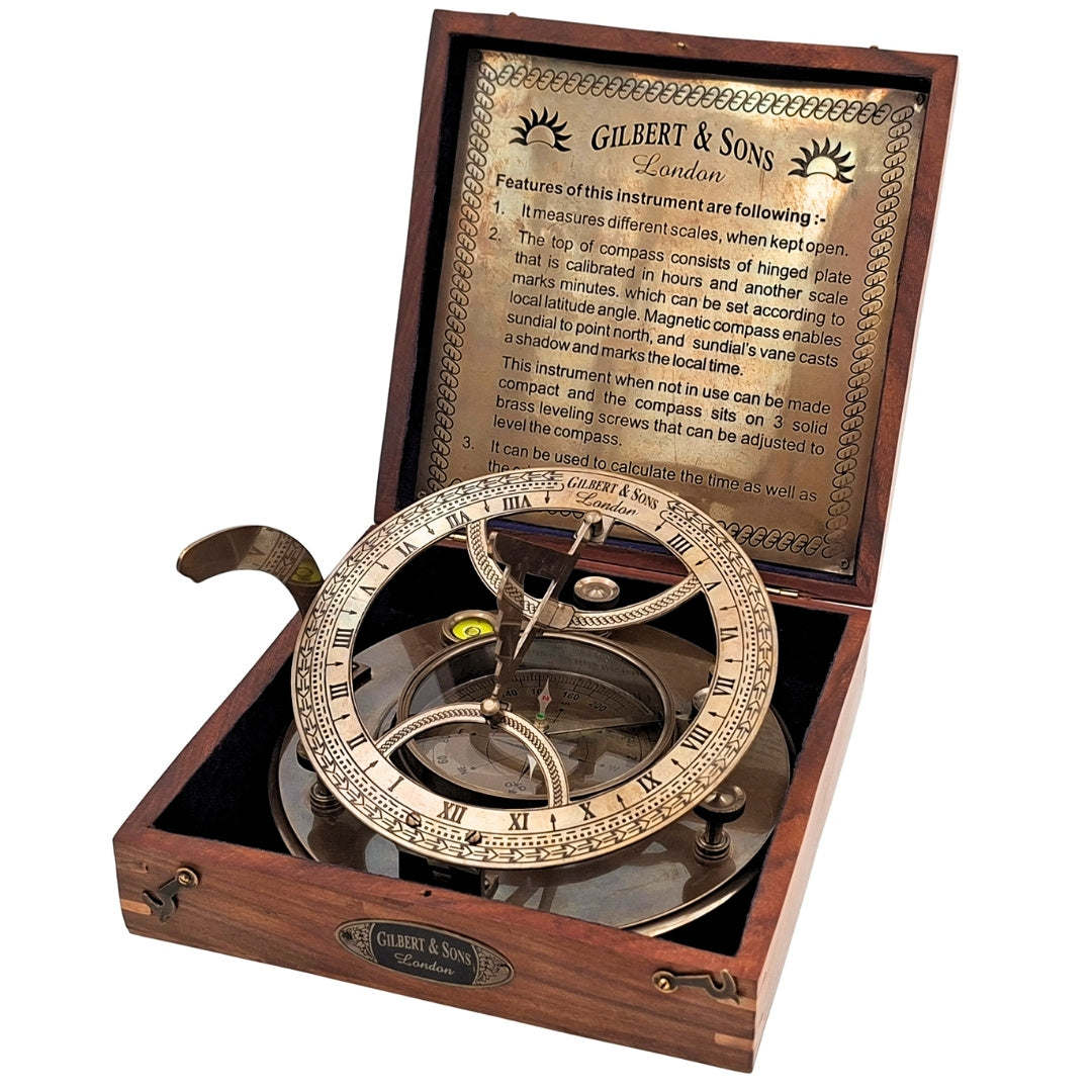 Grande boussole en laiton XXL avec cadran solaire dans un élégant coffret en bois