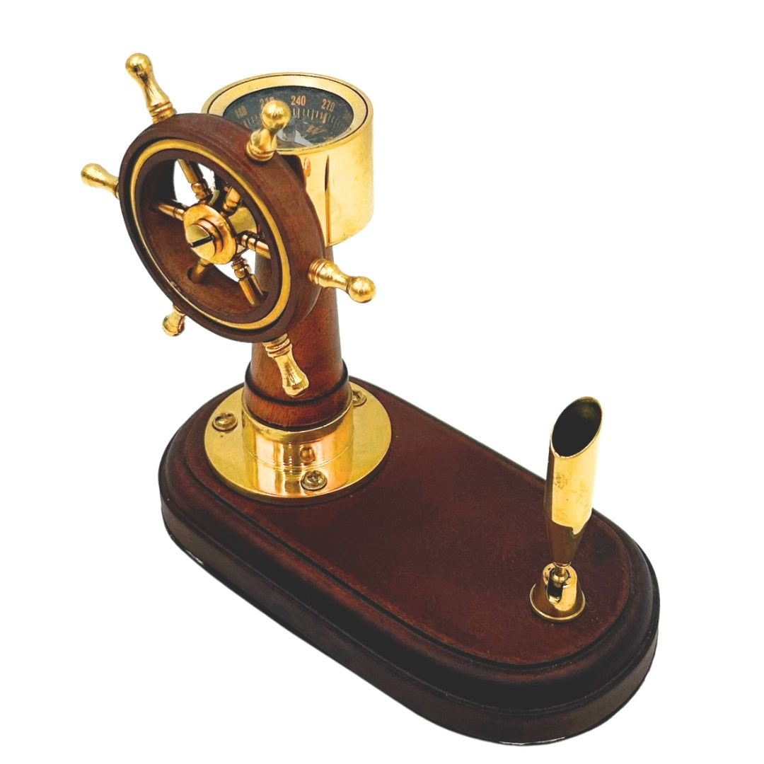 Elegantes Schreibtischset Steuerrad und Kompass mit Stifthalter – Holz Messing – TT017