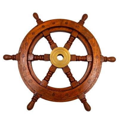 Roue de gouvernail en bois avec insert en laiton et emplacement pour coin - diamètre 30 cm - cadeau idéal avec possibilité de gravure personnalisée - style marin et rétro
