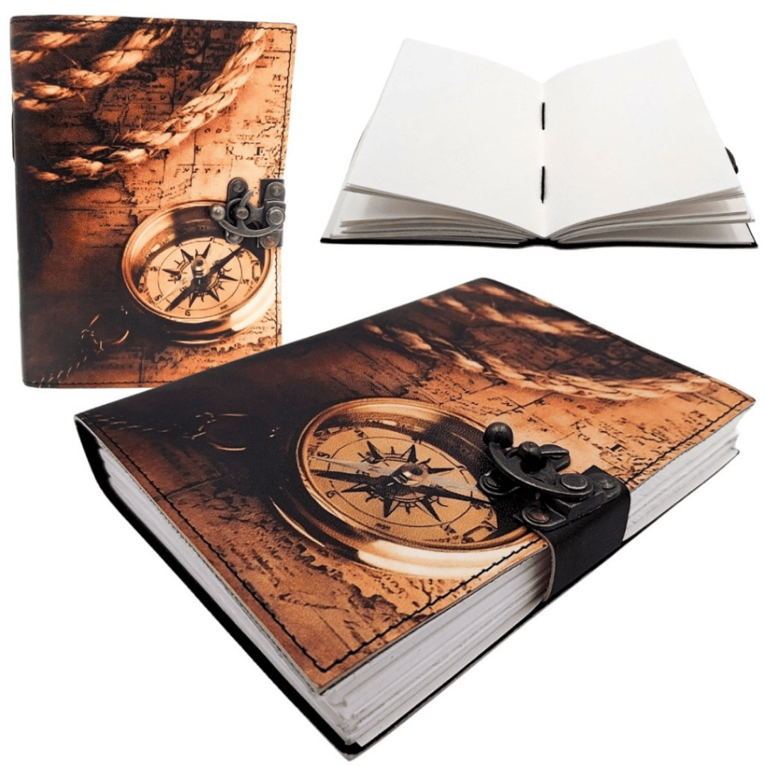 Carnet en cuir avec boussole rétro vintage, 200 pages – Cadeau pour voyageur - AH10A