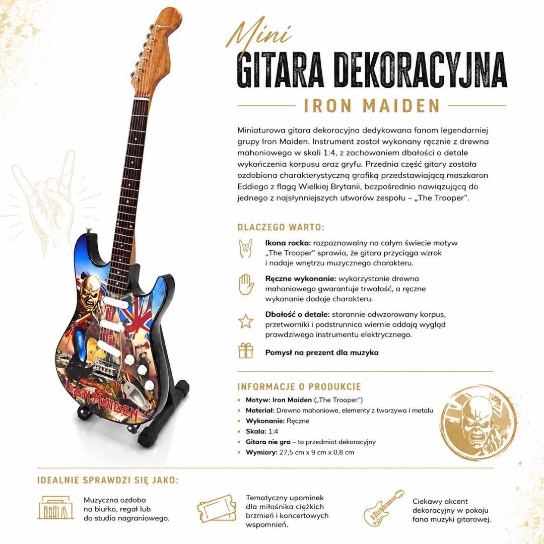 Mini Decorative Iron Maiden “The Trooper” Guitar Made of Mahogany - Handmade Ornament for Music Fans