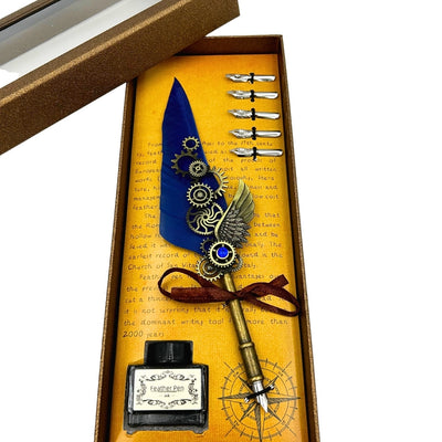 Retro-Kalligrafie-Set mit blauer Gänsefeder, Vintage, 6 Federspitzen, Tinte, Geschenk – EE11
