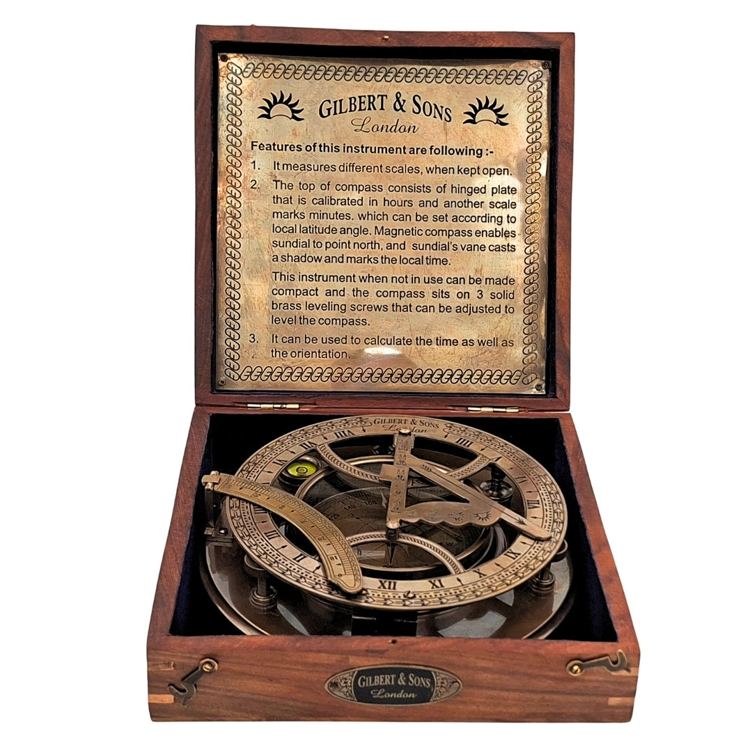 Grande boussole en laiton XXL avec cadran solaire dans un élégant coffret en bois