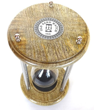Messing-Holz-Sanduhr 10 min mit Gravur - elegantes Geschenk in Schwarz, Höhe 25 cm, gefertigt aus Metall, Glas und Mangoholz