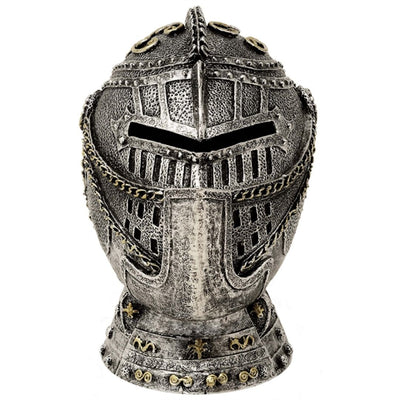 Salvadanaio decorativo a forma di elmo da cavaliere con incisione – argento anticata, 13 cm