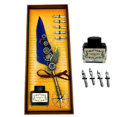 Retro-Kalligrafie-Set mit blauer Gänsefeder, Vintage, 6 Federspitzen, Tinte, Geschenk – EE11