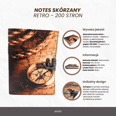 Carnet en cuir avec boussole rétro vintage, 200 pages – Cadeau pour voyageur - AH10A
