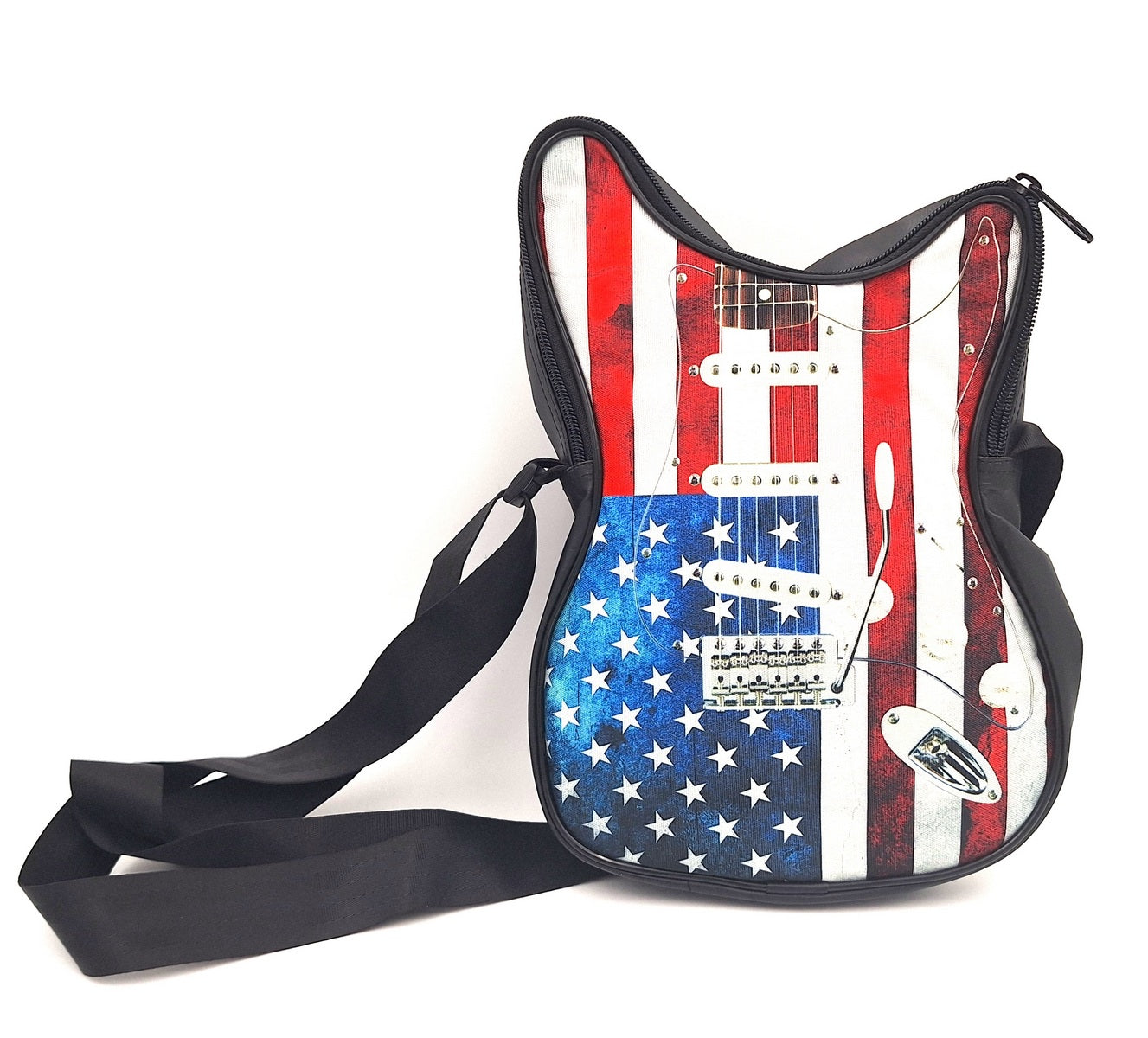 Umhängetasche in Gitarrenform – amerikanische Flagge – Geschenk für einen Musiker