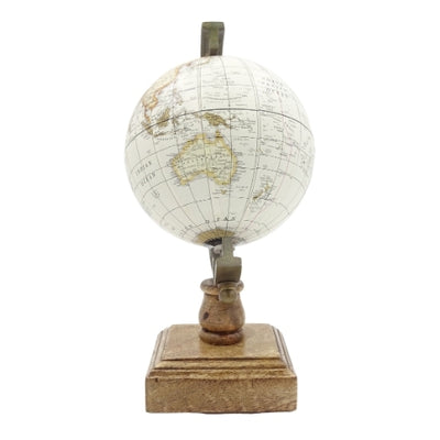Globe décoratif stylé Amundsen sur socle en bois avec gravure - Décoration élégante pour intérieurs classiques, lofts et style colonial, idéal comme cadeau - Hauteur 26,5 cm, couleur blanc-brun, touche éducative en anglais