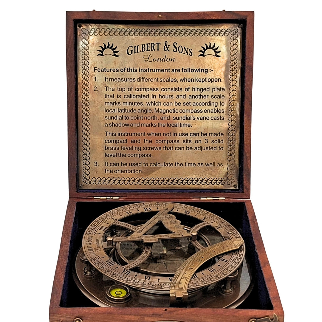 Grande boussole en laiton XXL avec cadran solaire dans un élégant coffret en bois