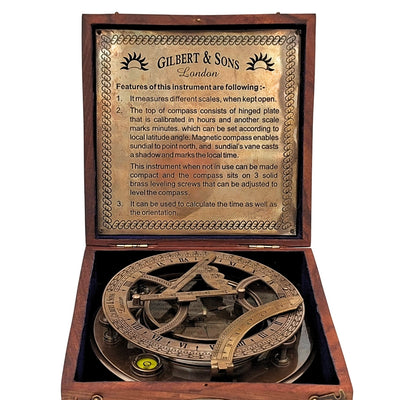 Grande boussole en laiton XXL avec cadran solaire dans un élégant coffret en bois
