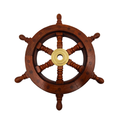 Roue de gouvernail en bois avec insert en laiton et emplacement pour coin - diamètre 30 cm - cadeau idéal avec possibilité de gravure personnalisée - style marin et rétro